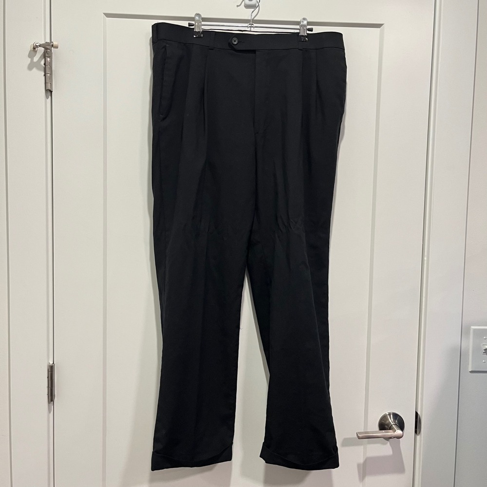 Oscar de la Renta Mens Pleated Dress Pants Black Cuffed Trousers 35x29